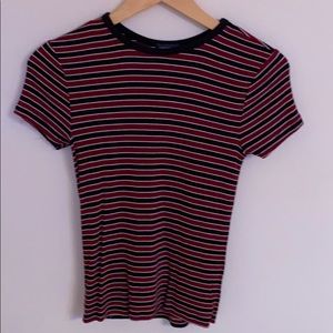 Maroon black and white striped formfitting T-shirt